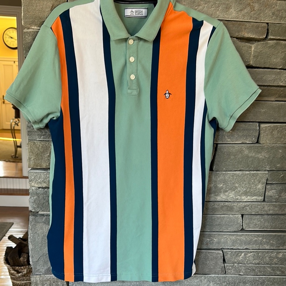 Original Penguin Men's Striped Polo Shirt - Green, Orange, White